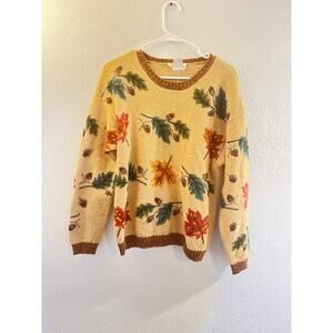 Talbots Women’s Wool Silk Sweater Size M – Autumn Leaf Acorn Print, Crew Neck